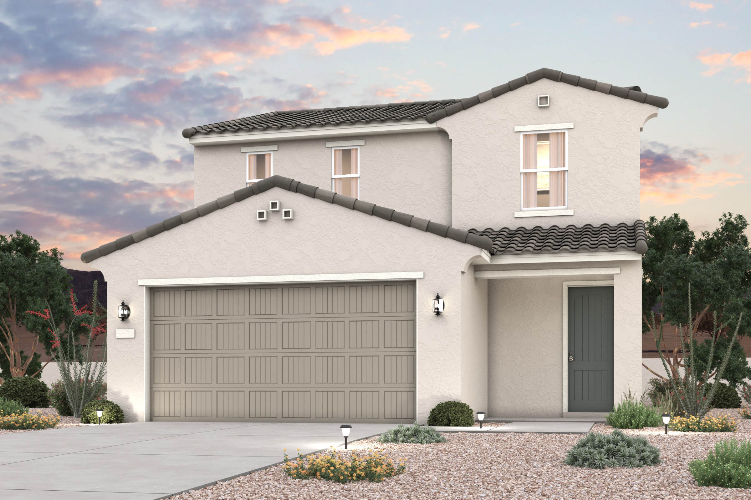 Twilight rendering of front of new home for sale in San Tan Valley, AZ at Skyline Village the Highlands Collection by Century Communities with 2 car garage.