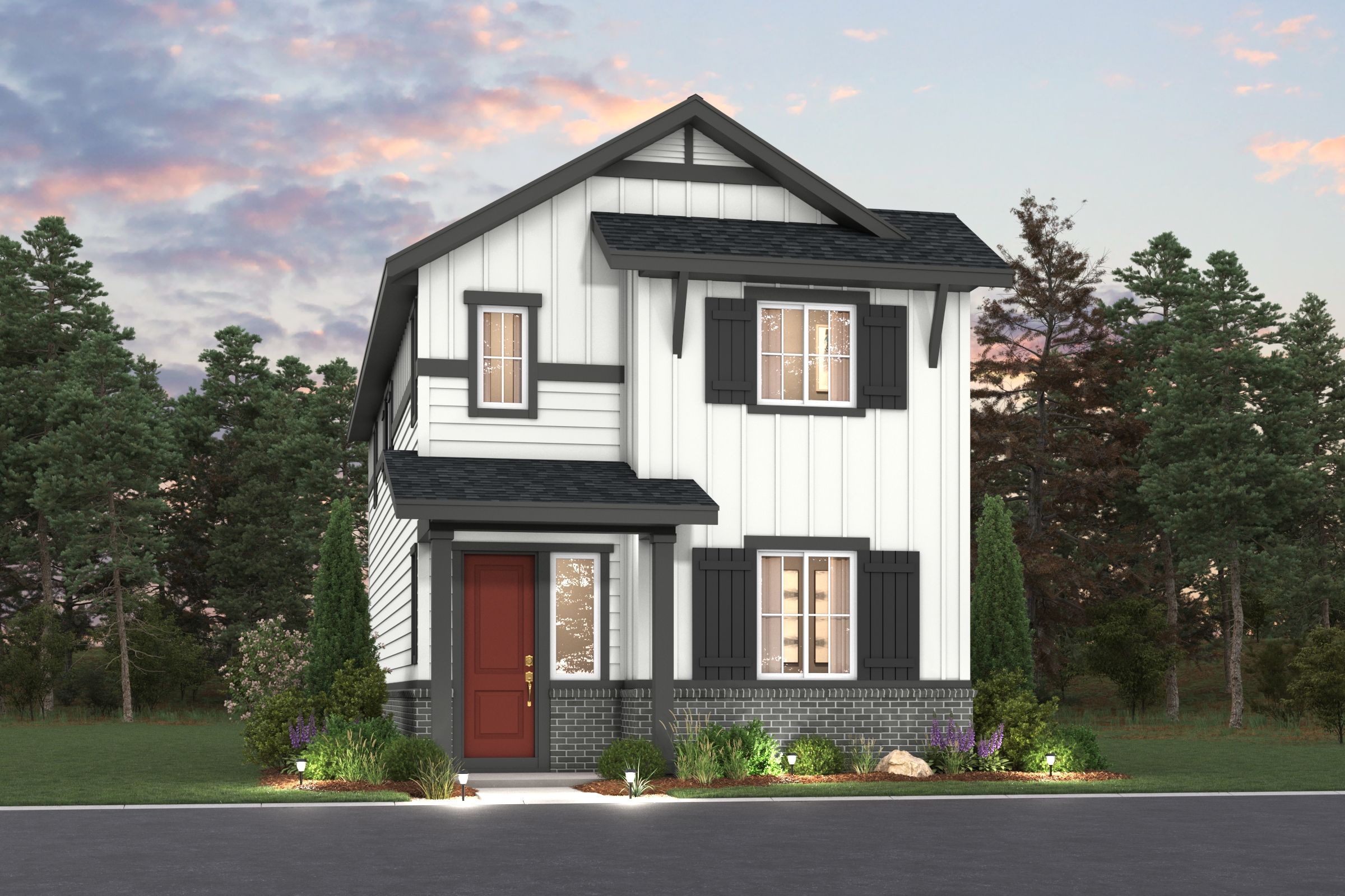 A house with trees around it.