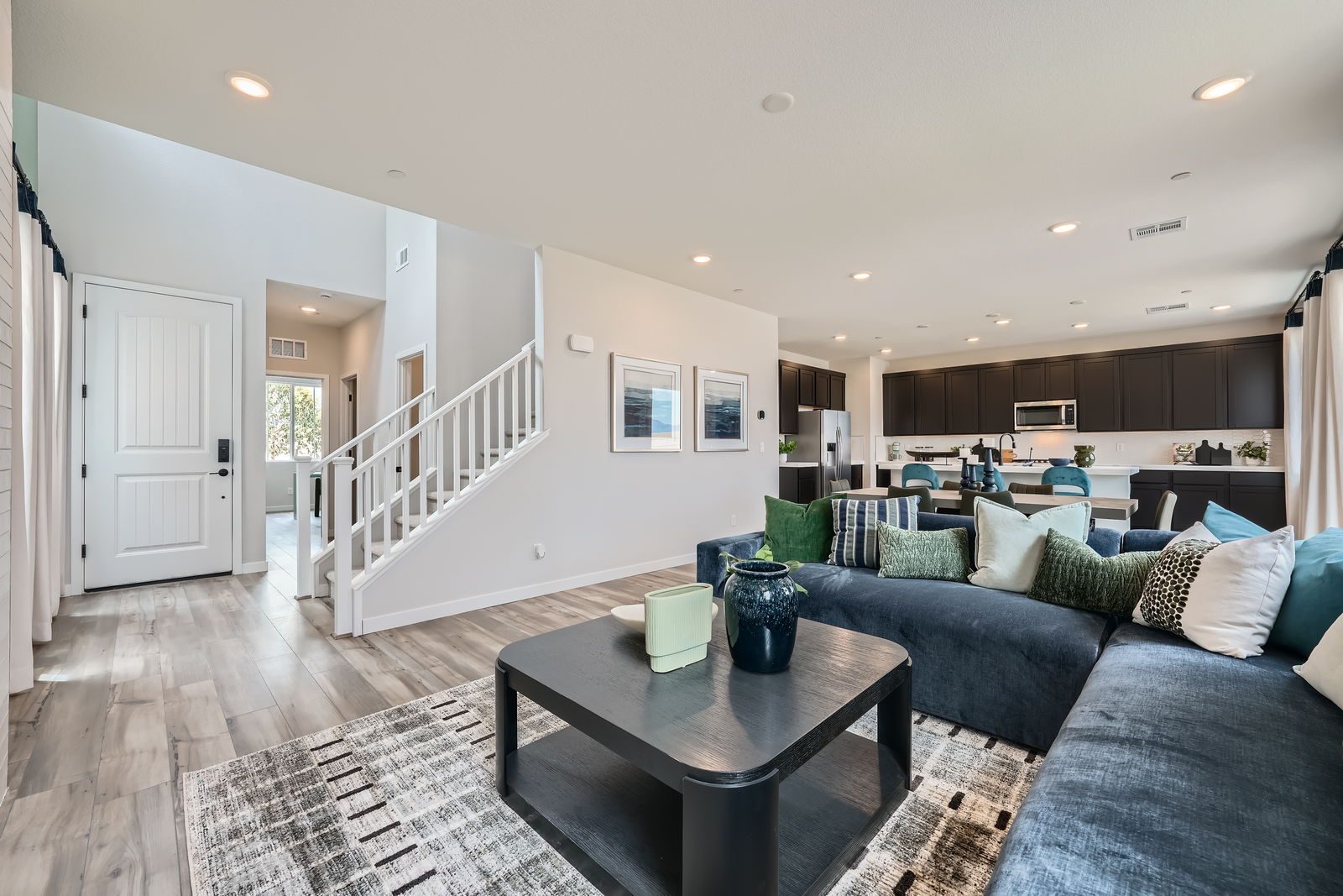 A living room with a couch and a coffee table.