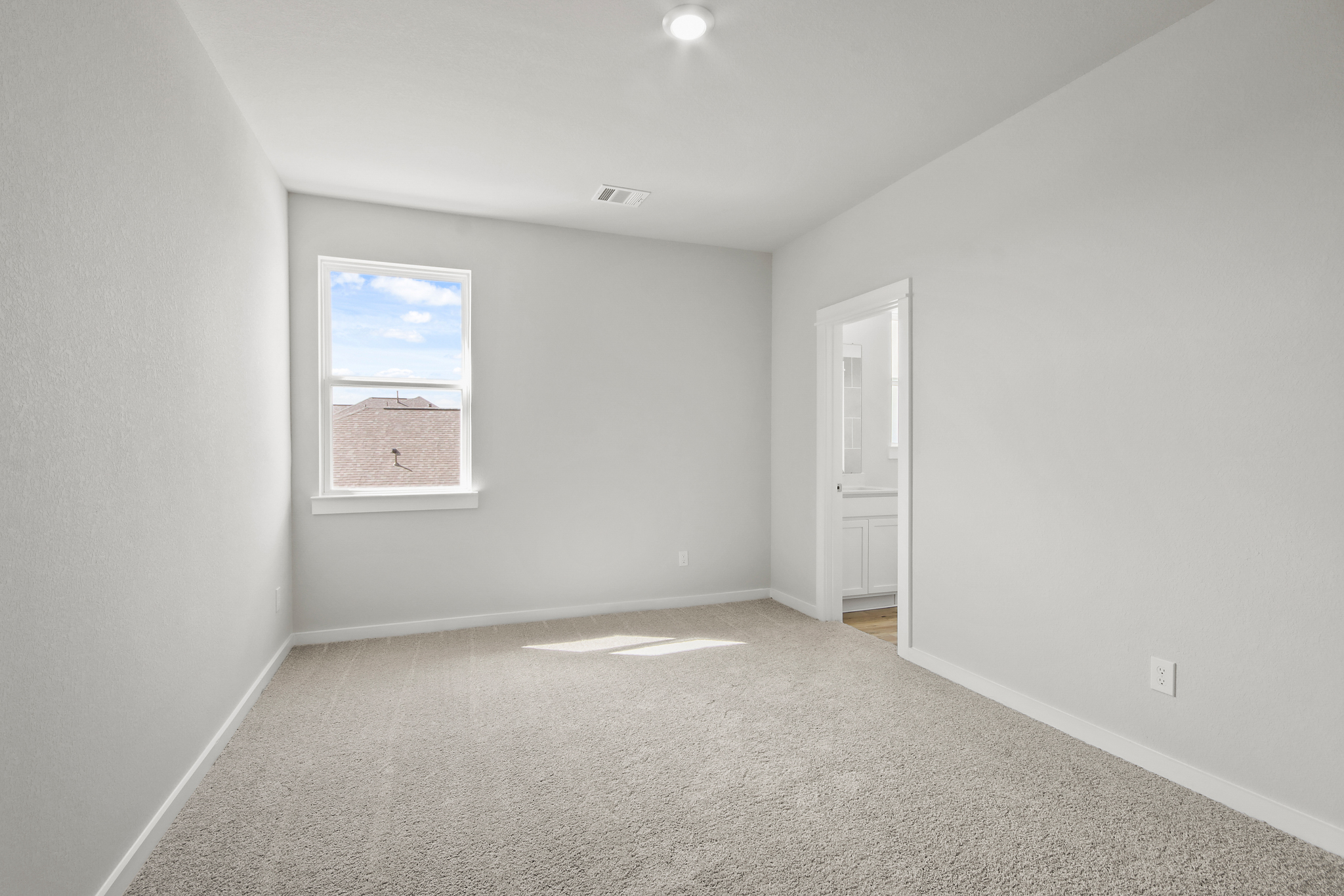 A room with a carpet and a door.