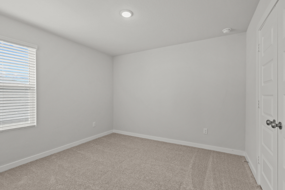 A room with a carpet and a door.