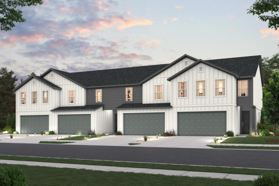 A large house with garages.