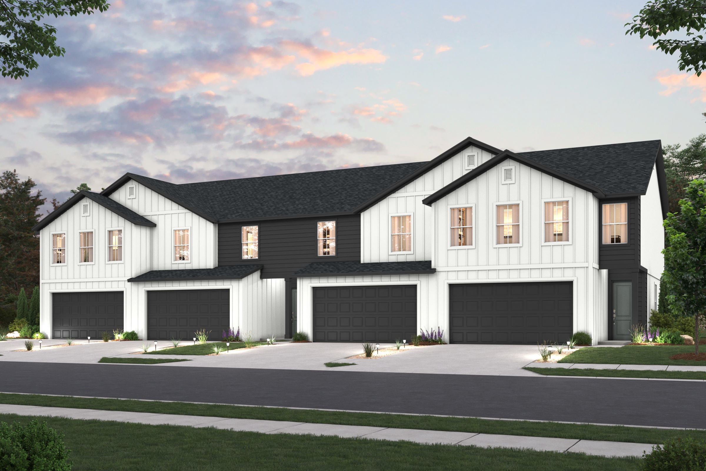 A large house with garages.