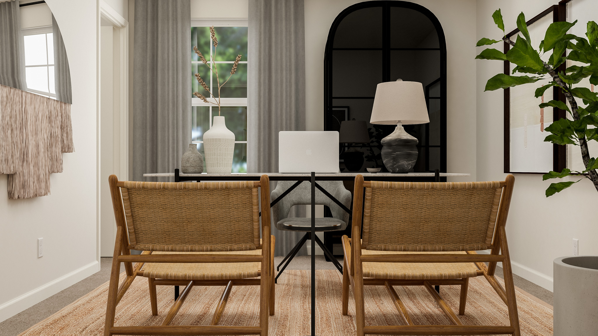 A room with a table chairs and a mirror.