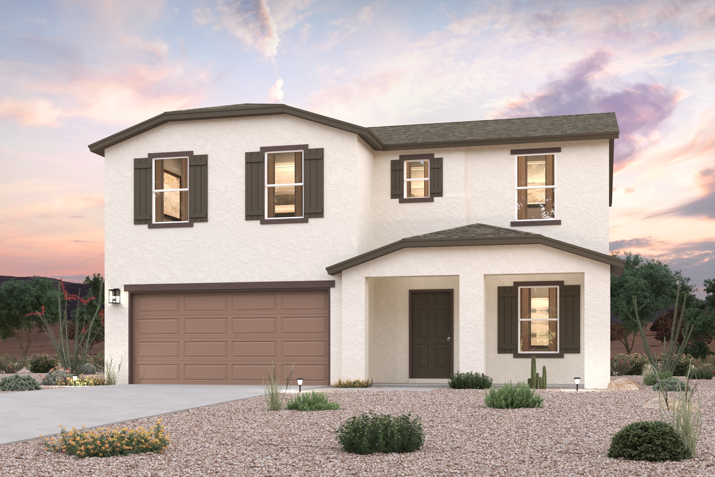 A white house with a garage.