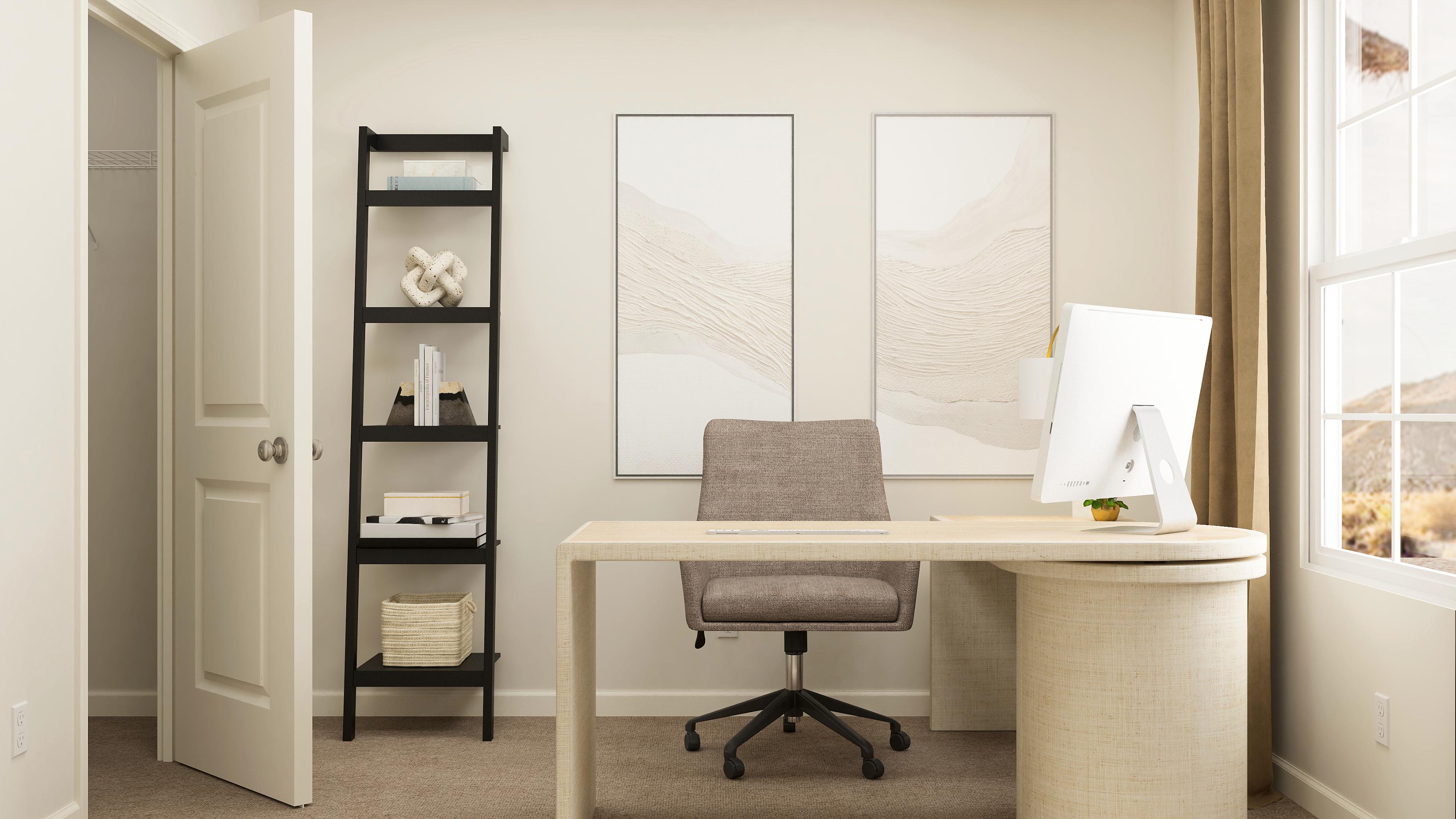 A desk with a chair and a shelf with pictures on it.